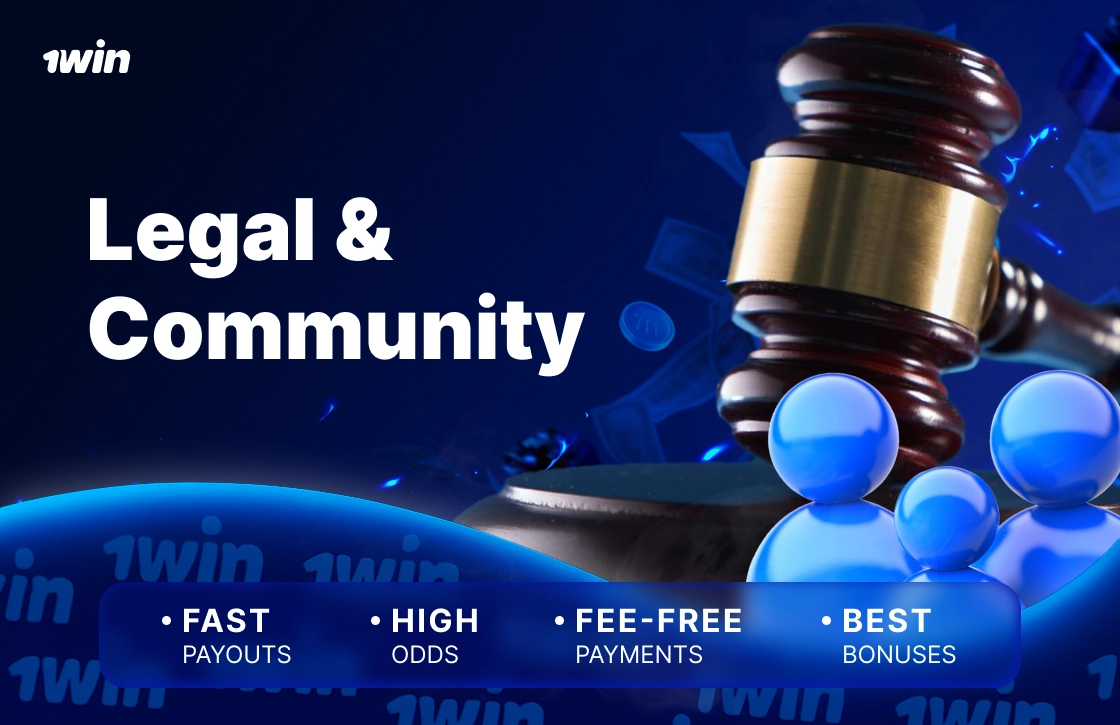 1win image showing judge gavel and legal symbols representing platform legality, community trust and secure betting environment.