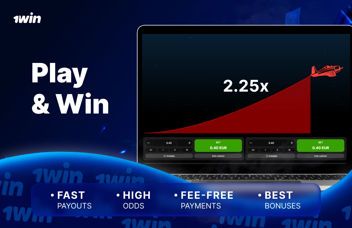 1win image showing smartphone with Aviator multiplier 2.25x and benefits such as fast payouts, high odds, secure local payments on futuristic blue background.